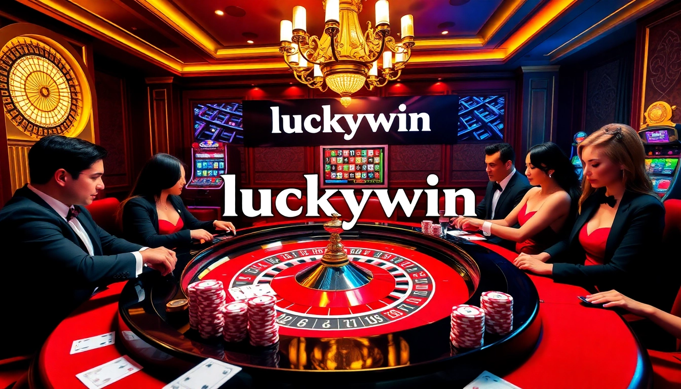 Engage in thrilling games at the LuckyWin casino, featuring a roulette table and vibrant slot machines.