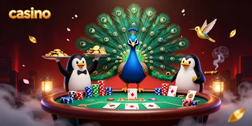 Engage in casino excitement with a vibrant scene featuring a peacock, penguin, and hummingbird amid poker elements.