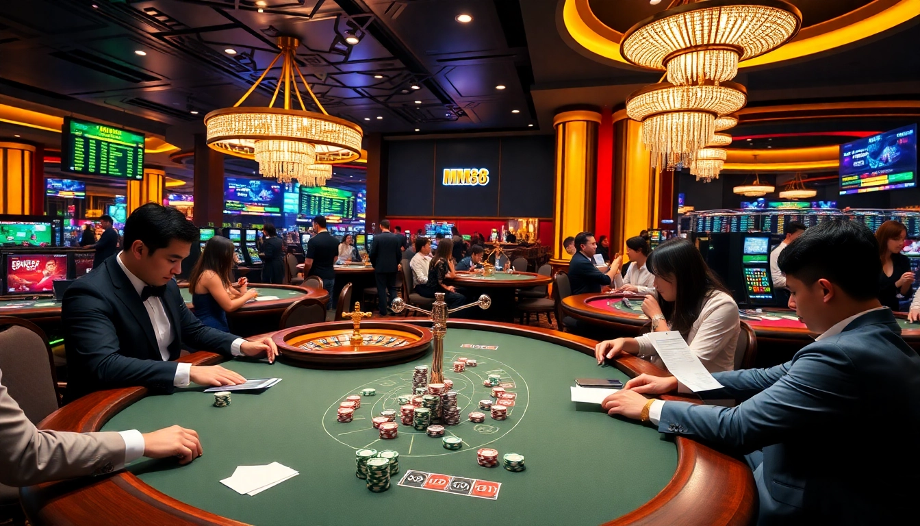 Feel the excitement at MM88 with players enjoying thrilling casino games and vibrant neon lights.
