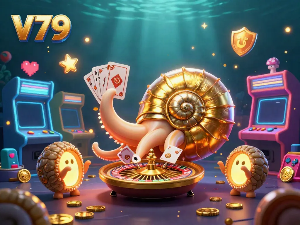 Engage in thrilling gameplay at V79, featuring a giant nautilus roulette wheel and glowing game elements.