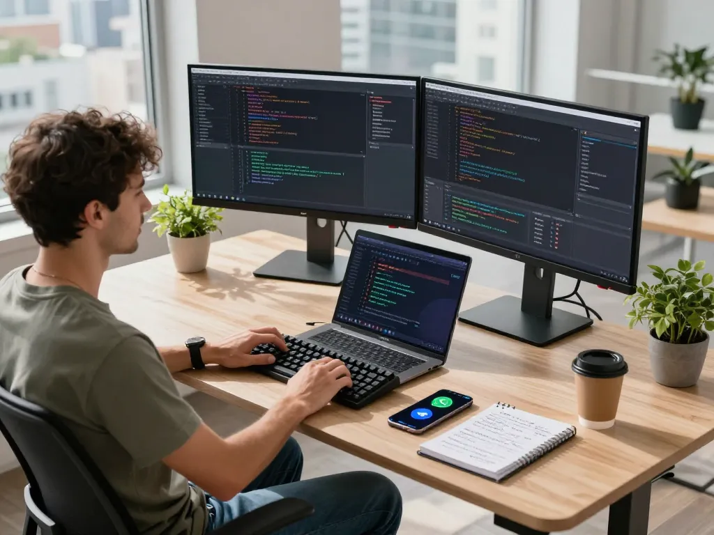Developer using Open Claw AI in a modern workspace with code on dual monitors.
