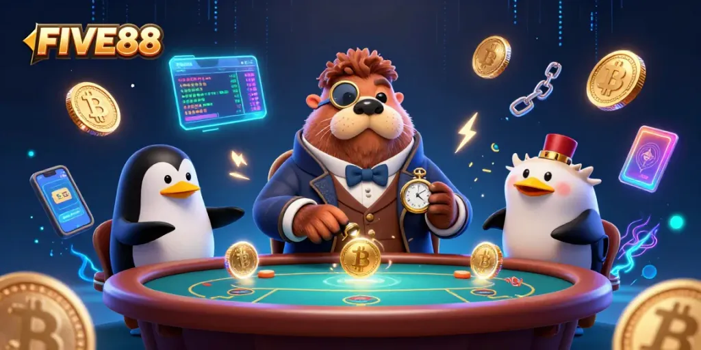 Experience the excitement of FIVE88 as the walrus plays poker at an underwater casino.