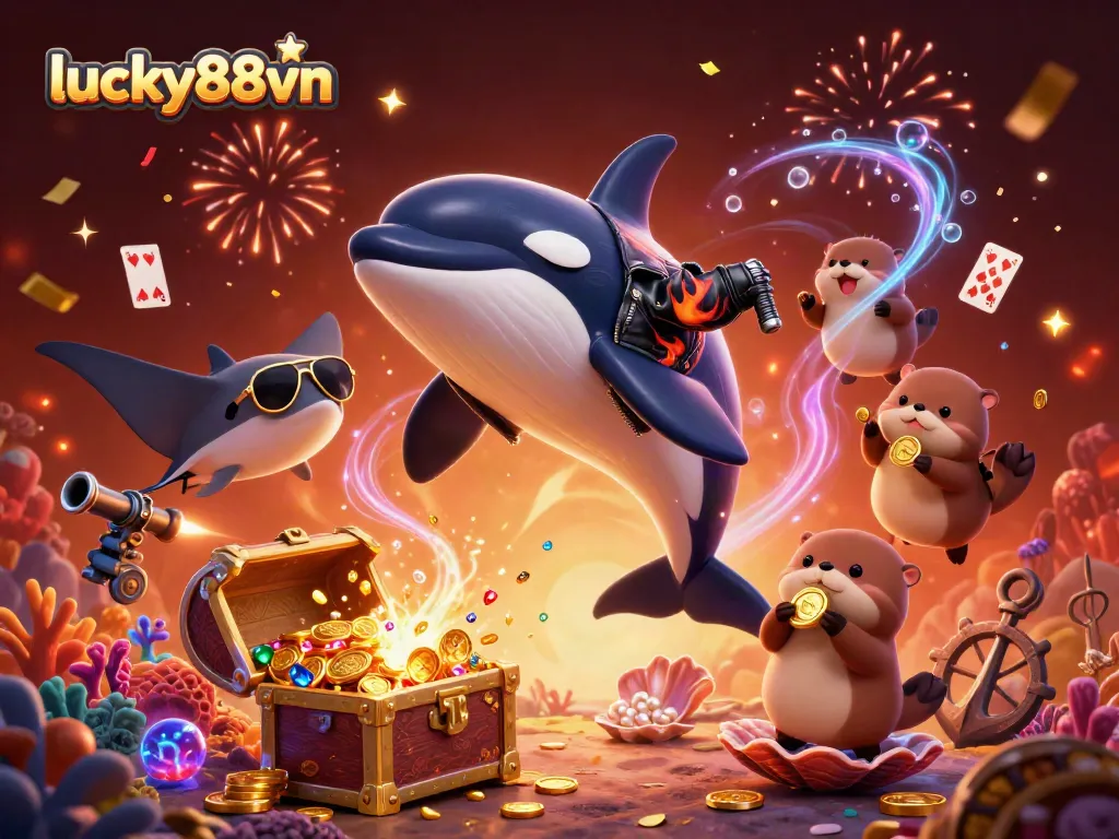 Experience the excitement of lucky88vn as sea creatures celebrate gaming wins in a vibrant underwater casino.