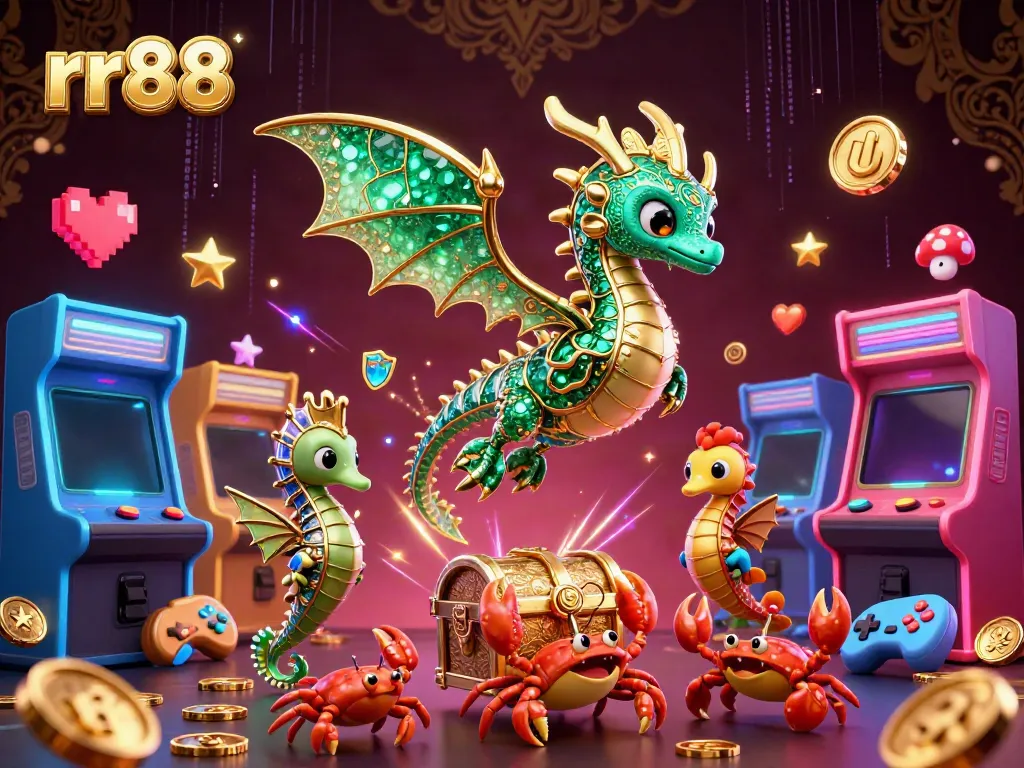 Experience the thrilling atmosphere of rr88 with a vibrant 3D sea dragon and arcade elements.