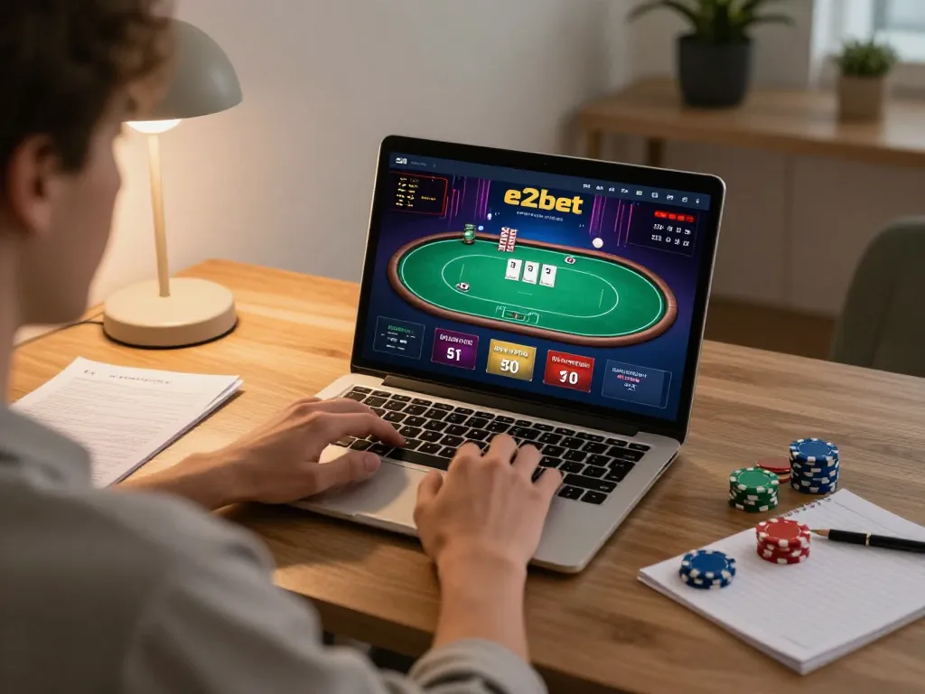 Player engaging with e2bet online poker game on laptop, immersed in strategic gameplay at home.