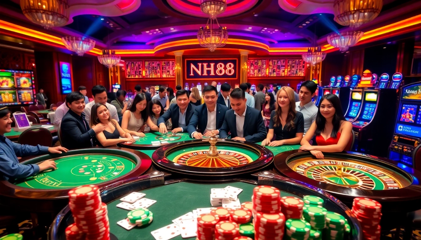 Players enjoying exciting games at NH88's luxurious casino with glowing slot machines.
