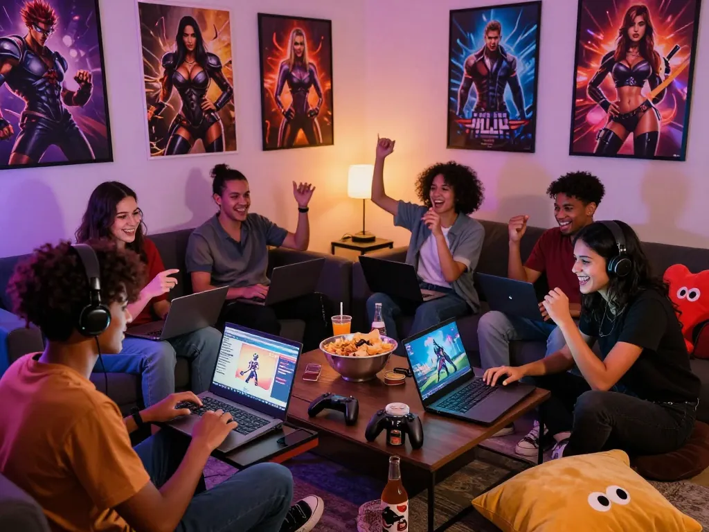 Friends enjoying porn games online in a lively gaming room setting with colorful decor.