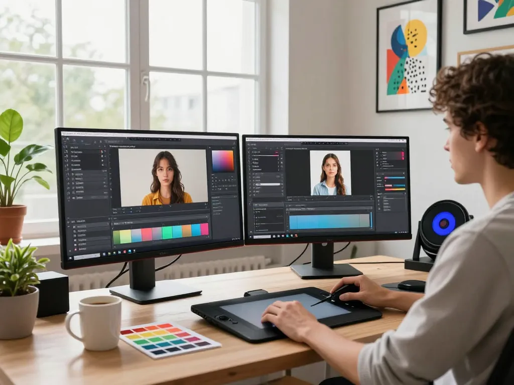 Designer using nano banana pro in a modern studio with dual monitors showing AI image editing.