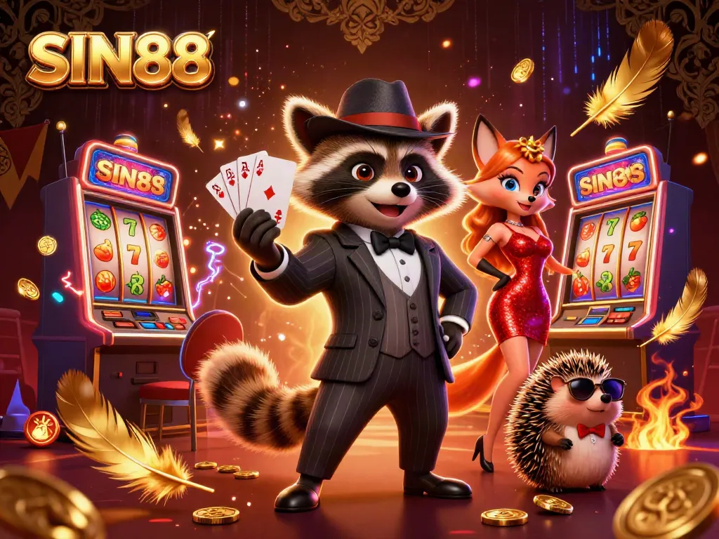 Experience thrilling gameplay at SIN88 with a suave raccoon, glamorous fox, and a hedgehog bouncer in an electrifying casino scene.