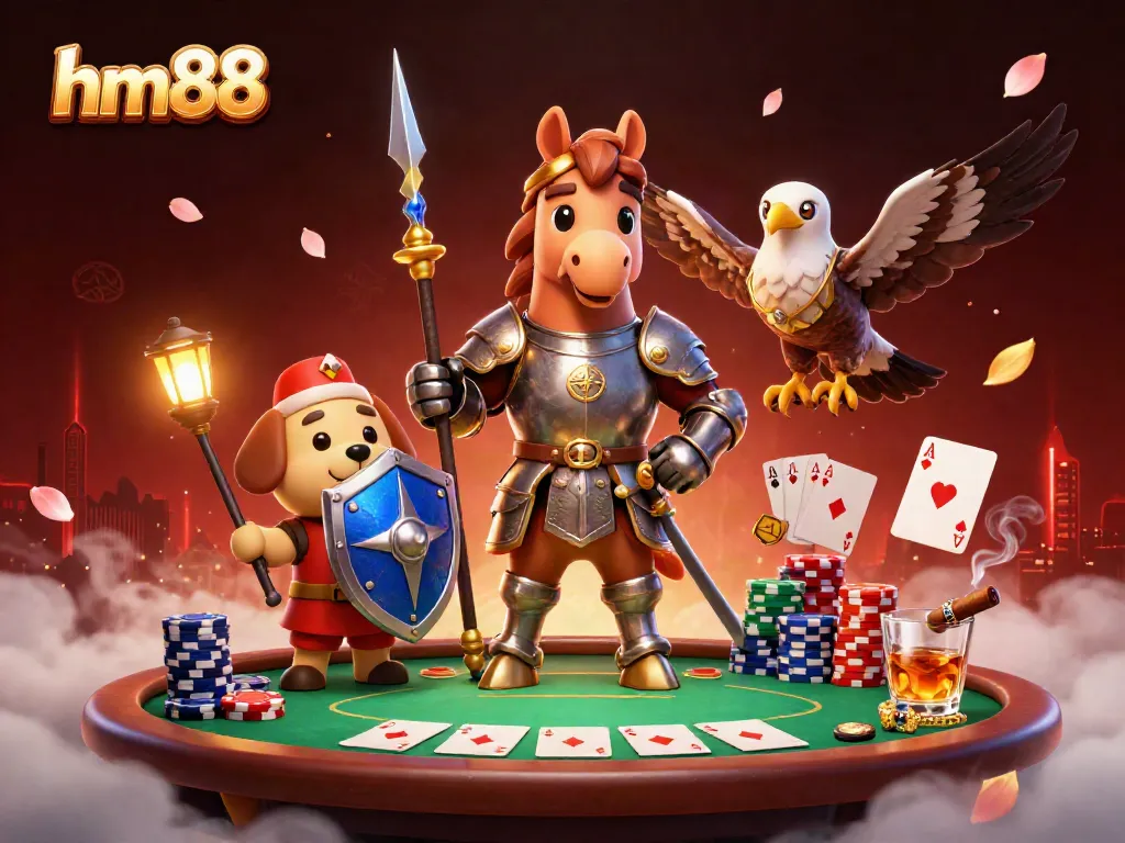 Experience the excitement of poker at hm88 with knights and cards in an engaging casino scene.