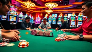 Exciting poker game action at bet888 casino surrounded by vibrant slot machines.