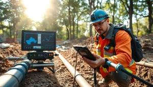 Technician performing Underground Leak Detection with advanced equipment at a construction site.