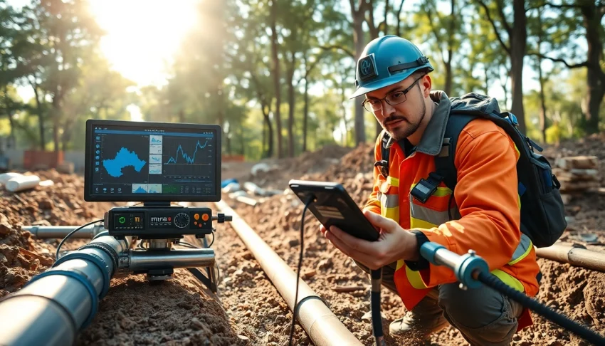 Technician performing Underground Leak Detection with advanced equipment at a construction site.