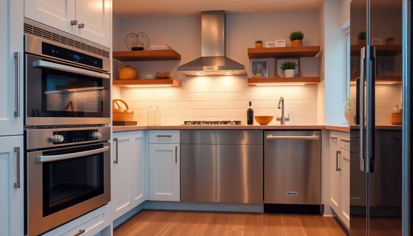 Showcase uredi za vgarjane like built-in dishwashers and ovens in a modern kitchen.