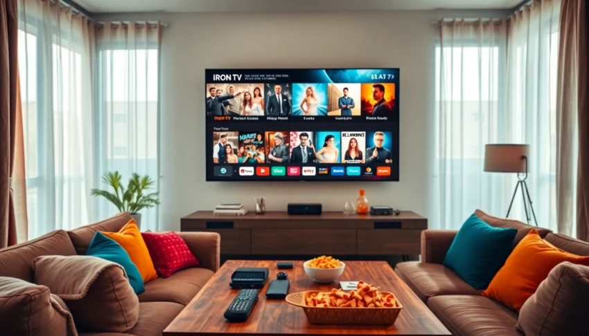 Engaging living room environment with an iron TV displaying vibrant content.