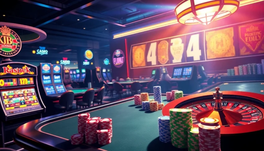 Vibrant casino scene with poker tables, roulette wheels, and KJC AC 3 elements showcasing gambling excitement.