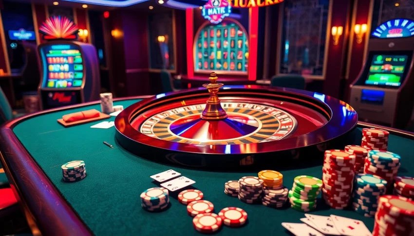 Experience the thrill of gambling at https://xx88.boats/ with an elegant casino scene featuring roulette, chips, and cards.