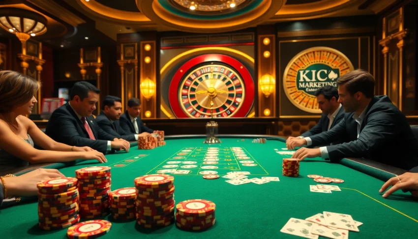 KJC MARKETING showcases high-stakes poker excitement at a luxury casino table.