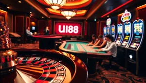 Engage in thrilling gameplay at UU88's luxurious casino, featuring vibrant roulette and poker tables.