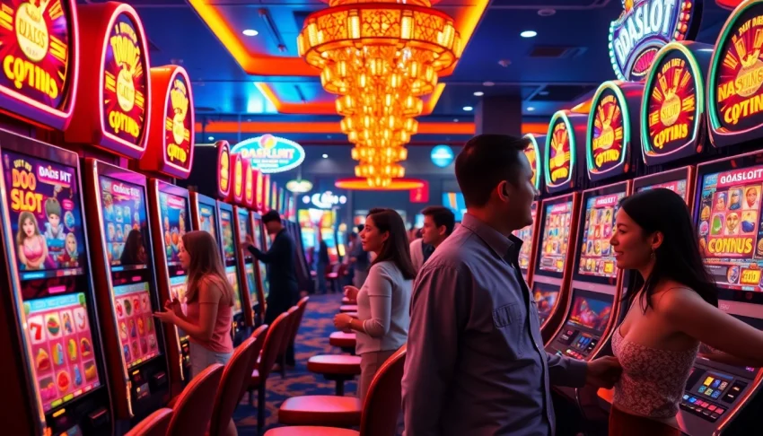 Exciting scene of players engaging with the doaslot slot machines in a vibrant casino atmosphere