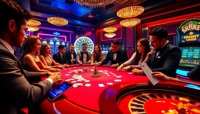 Excited players engaged in a high-stakes poker game at https://78win.school/ showcasing vibrant casino ambiance.