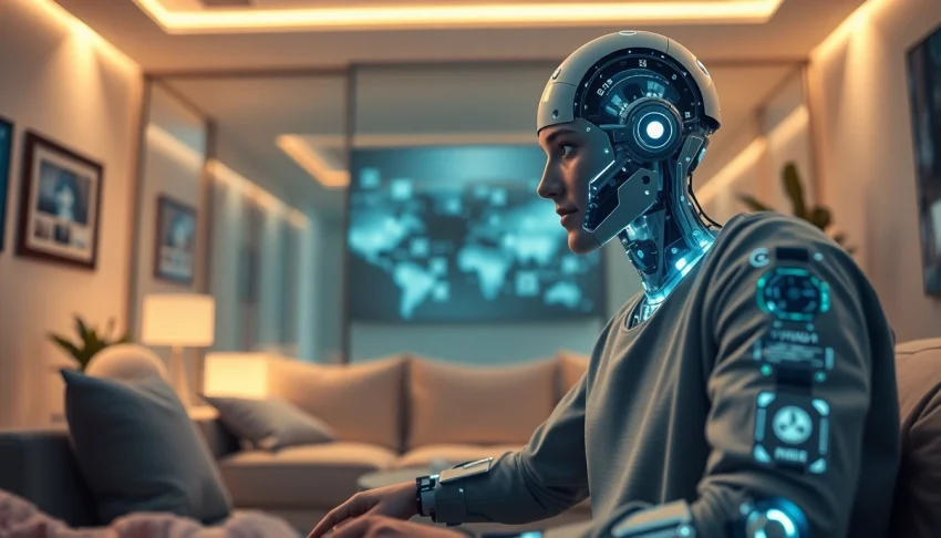 AI sex revolution: A futuristic scene of an AI companion engaging with a human in a modern setting.