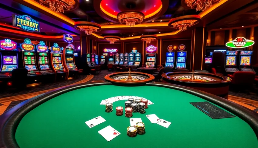 Experience thrilling gameplay at King88.limited with vibrant casino visuals featuring poker, slots, and roulette.