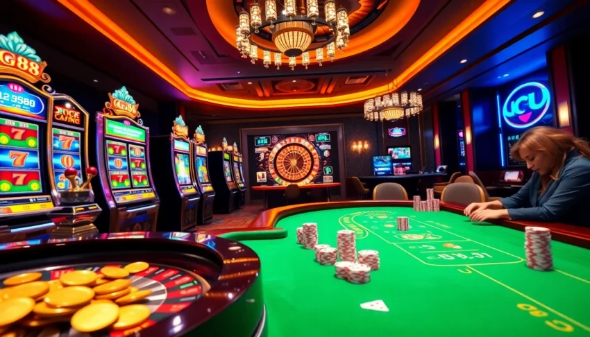 Engaging gambling activities at GG88 with vibrant slot machines and poker tables