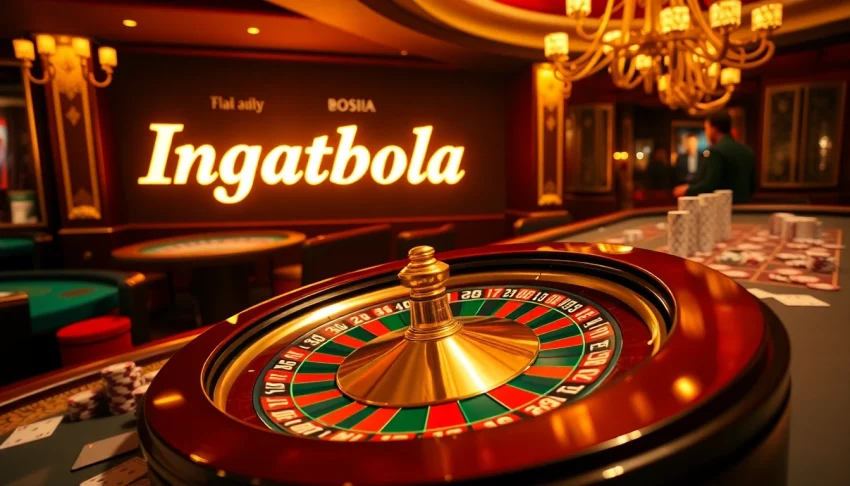 Engaging scene of players at Ingatbola casino, featuring roulette, poker chips, and a vibrant atmosphere.