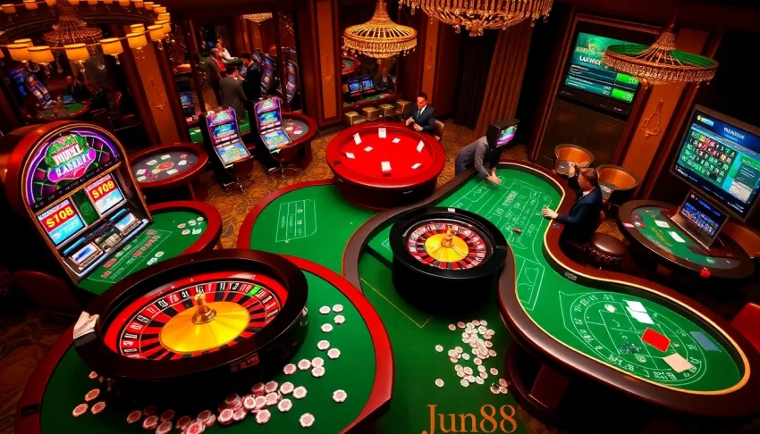 Engage in thrilling casino action at jun88 com with poker chips and vibrant slot machines.