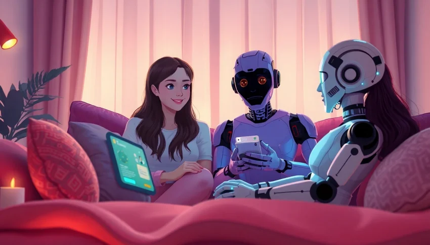 Engaging ai chat porn interaction between user and lifelike AI character in a cozy atmosphere.