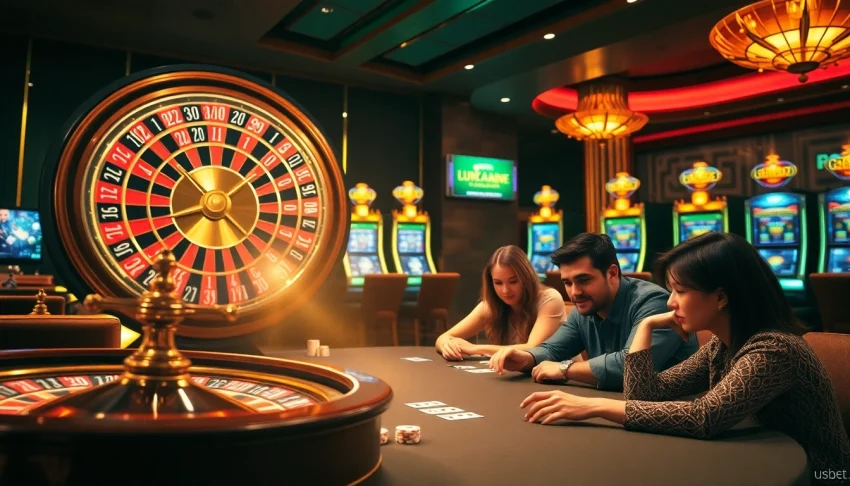 Exciting gambling scene at https://usbet.run/ with players enjoying poker and vibrant casino elements.