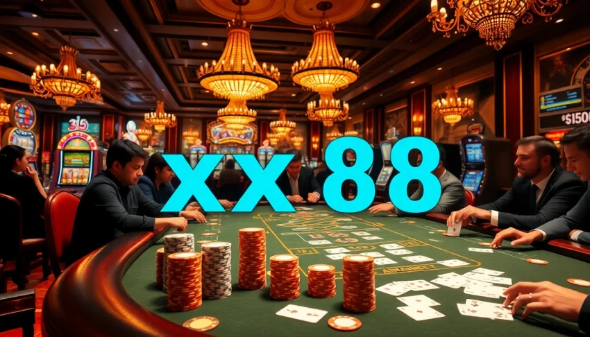 Experience the excitement of xx88 at a vibrant casino poker table with players and colorful chips.