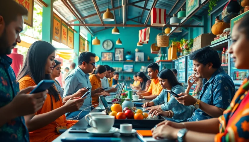 Lanka Add online marketplace showcasing diverse individuals engaging in digital ads in a vibrant Sri Lankan setting.