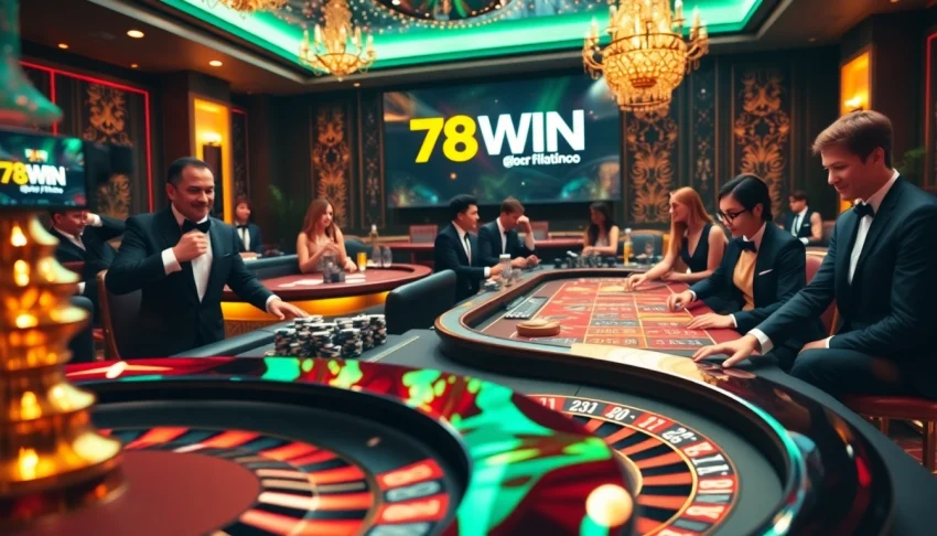Experience thrilling gameplay at 78WIN casino with vibrant tables, excited players, and exceptional ambiance.
