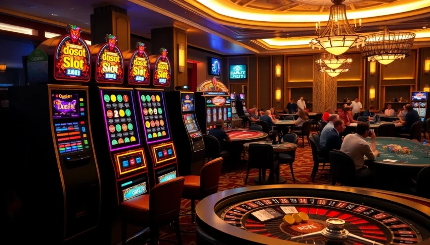 Experience the thrill of doaslot slot in a luxurious casino featuring vibrant slot machines and gaming tables.