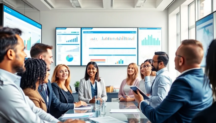 Business professionals collaborating on Logo destek ERP solutions in a modern office environment.