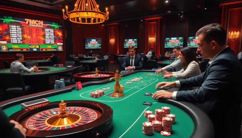 Engaged gamblers at a luxurious casino with live scores from 7mcn on the screens.