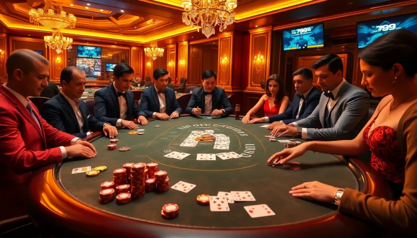 Players strategizing at the 789 club poker table amidst a luxurious casino atmosphere.