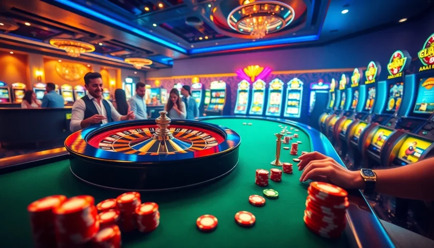 Experience thrilling gameplay with Slot777's vibrant casino atmosphere featuring roulette and slot machines.