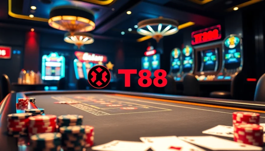 Experience the excitement of TT88 at a luxury casino table with vibrant poker chips and slot machines.