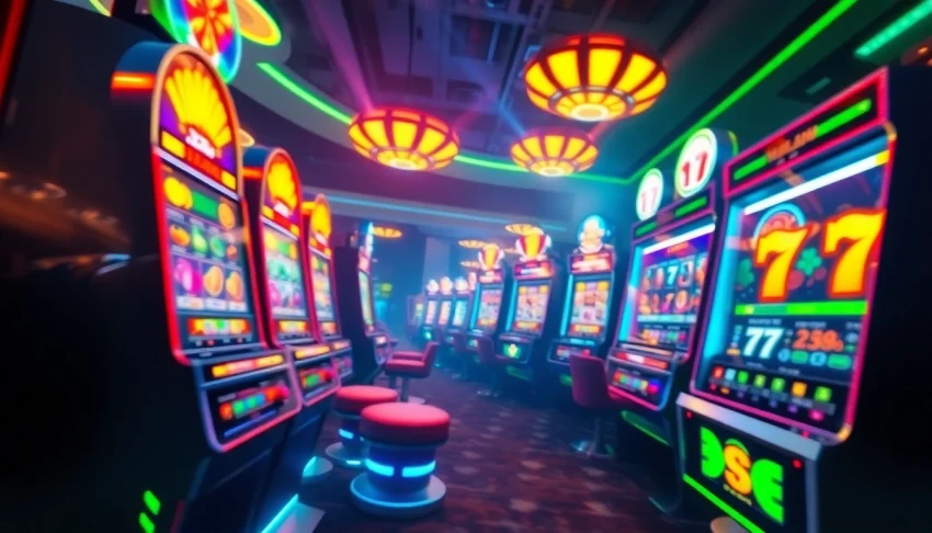 Exciting online gaming scene featuring hoki138 pro slot machines with vibrant colors and dynamic lighting.