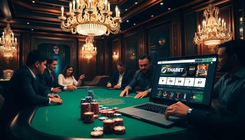 Engaged players enjoying an intense poker game at https://thabet.vegas/, showcasing luxury and excitement.