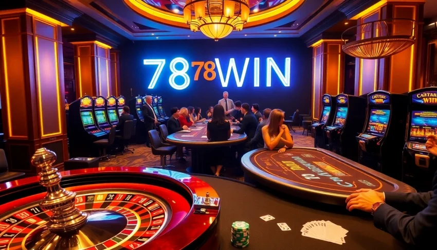 Enjoying the excitement of 78WIN casino with poker tables and vibrant slot machines.