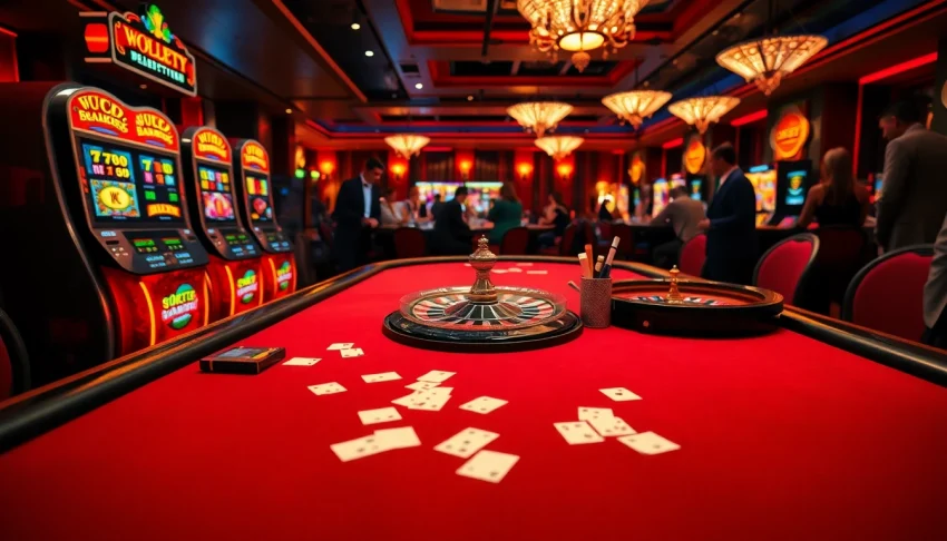 S8 casino setting featuring a vibrant poker table and flashing slot machines, capturing the thrill of gambling.
