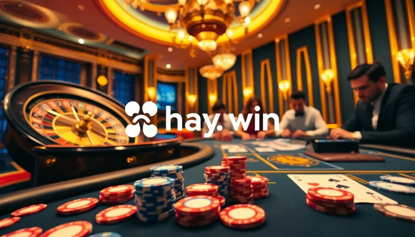 Experience the excitement of hay.win with luxurious casino tables, vibrant poker chips, and engaging slot machines.