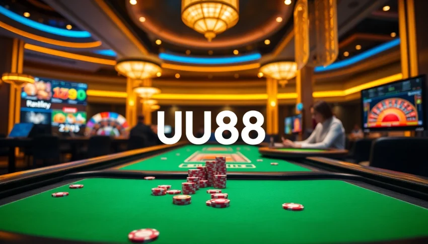 Engage with thrilling casino excitement at UU88 with vibrant poker chips and an online interface.