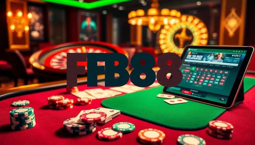Experience the thrill of gambling at Fb88 with a luxurious poker table and vibrant casino elements.