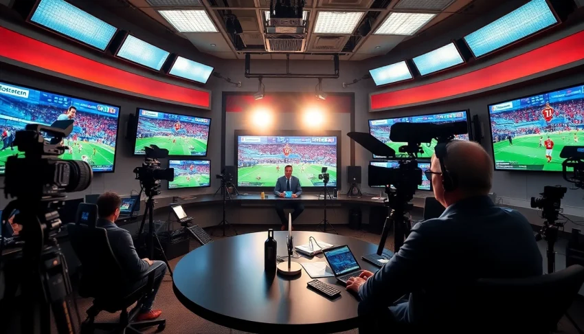 Dynamic studio scene showcasing Sports Broadcasting with screens and broadcasters engaged actively.