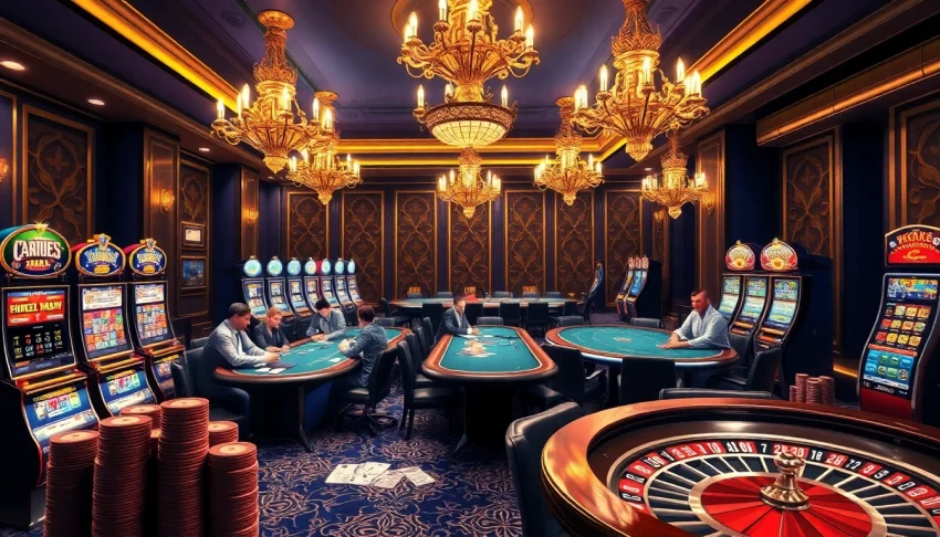 Experience the excitement of 88i bet at an elegant casino with poker tables, vibrant slots, and a roulette wheel.